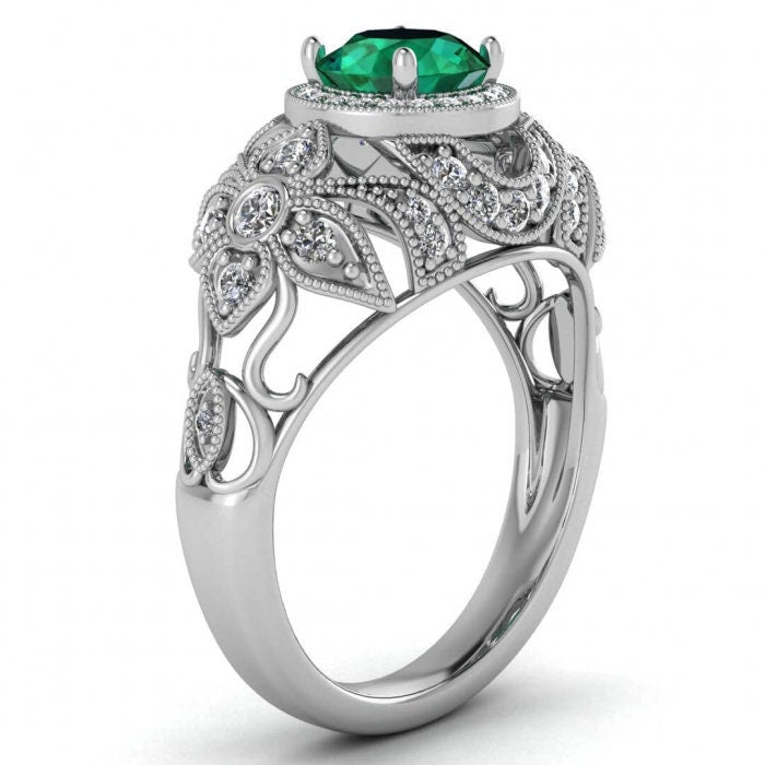 White Gold Halo Antique Emerald And Diamond Ring (2/5 Ct. Tw.) Edwardian Style Milgrain Filigree Halo Unique Gallery And Shoulders Domed Eva