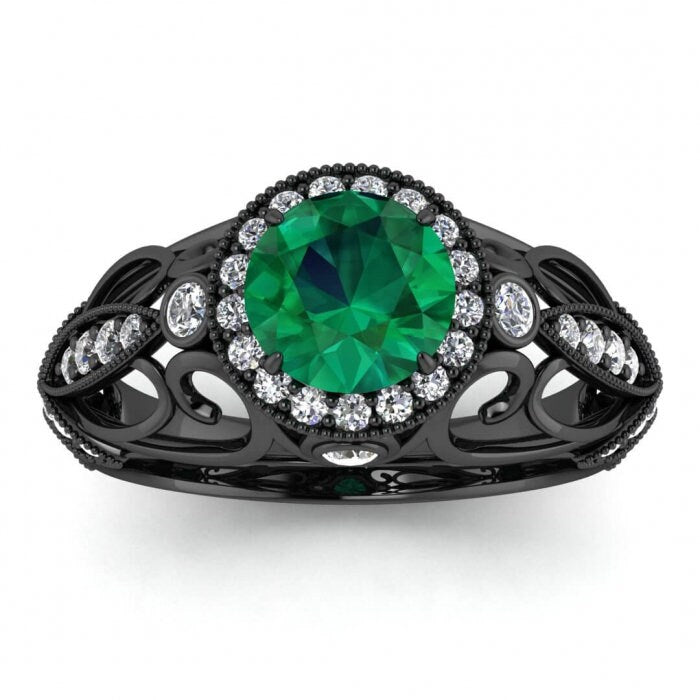 White Gold Filigree Halo Emerald And Diamond Ring (1/3 Ct. Tw.) Bezel Set Accent Gemstones Intricate Filigree Round Halo Milgrain Evie