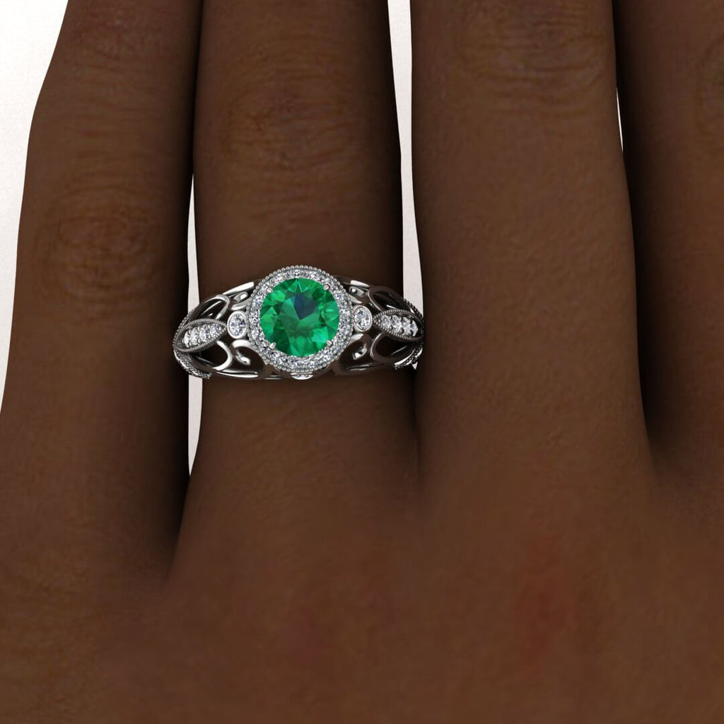 White Gold Filigree Halo Emerald And Diamond Ring (1/3 Ct. Tw.) Bezel Set Accent Gemstones Intricate Filigree Round Halo Milgrain Evie