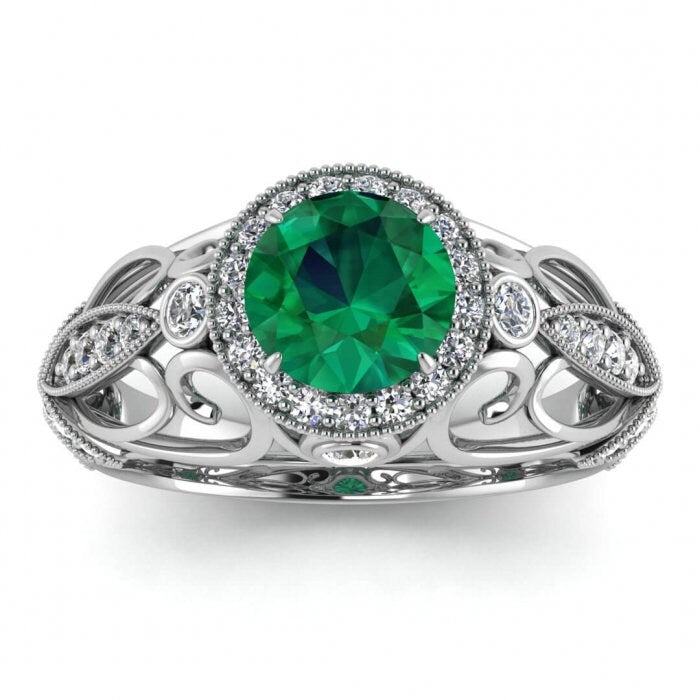 White Gold Filigree Halo Emerald And Diamond Ring (1/3 Ct. Tw.) Bezel Set Accent Gemstones Intricate Filigree Round Halo Milgrain Evie