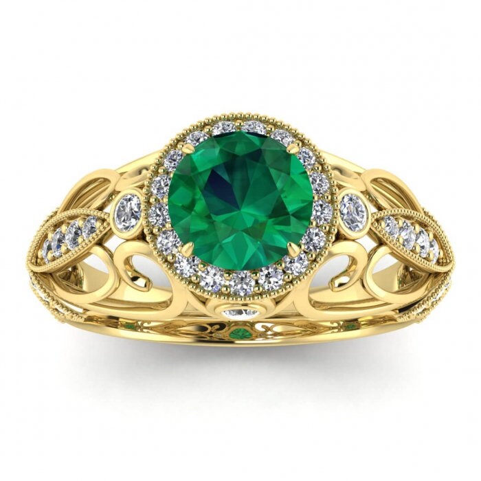 White Gold Filigree Halo Emerald And Diamond Ring (1/3 Ct. Tw.) Bezel Set Accent Gemstones Intricate Filigree Round Halo Milgrain Evie