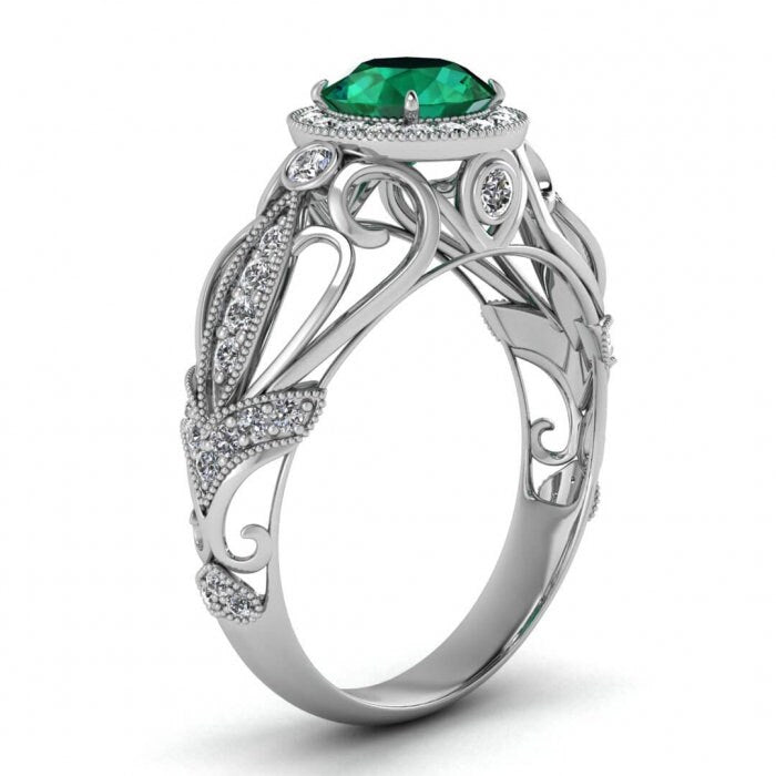 White Gold Filigree Halo Emerald And Diamond Ring (1/3 Ct. Tw.) Bezel Set Accent Gemstones Intricate Filigree Round Halo Milgrain Evie