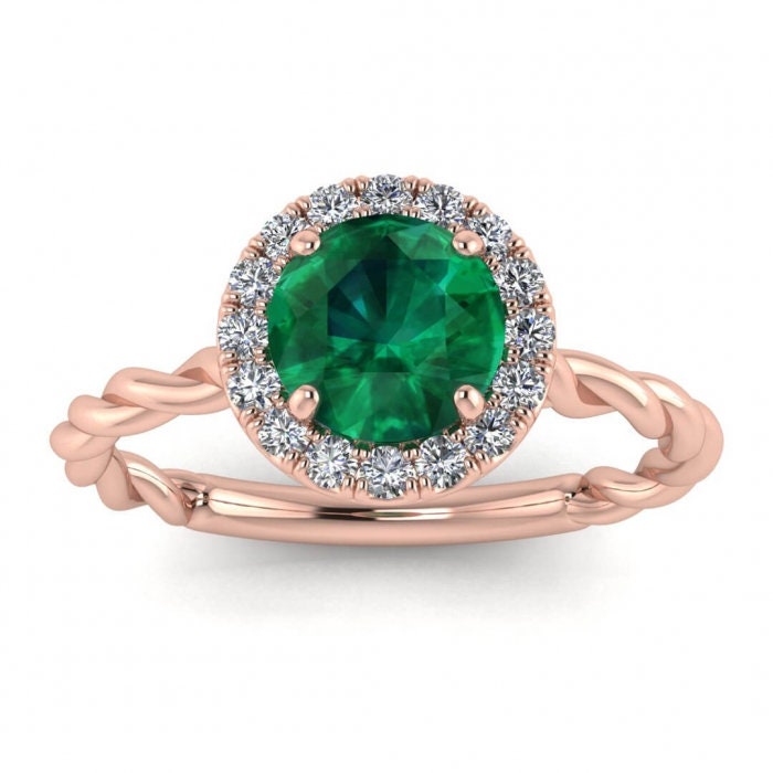 White Gold Delicate Band Emerald And Diamond Halo (1/5 Ct. Tw.) Braided Band Scalloped Pave Halo Bridged Gallery Honora