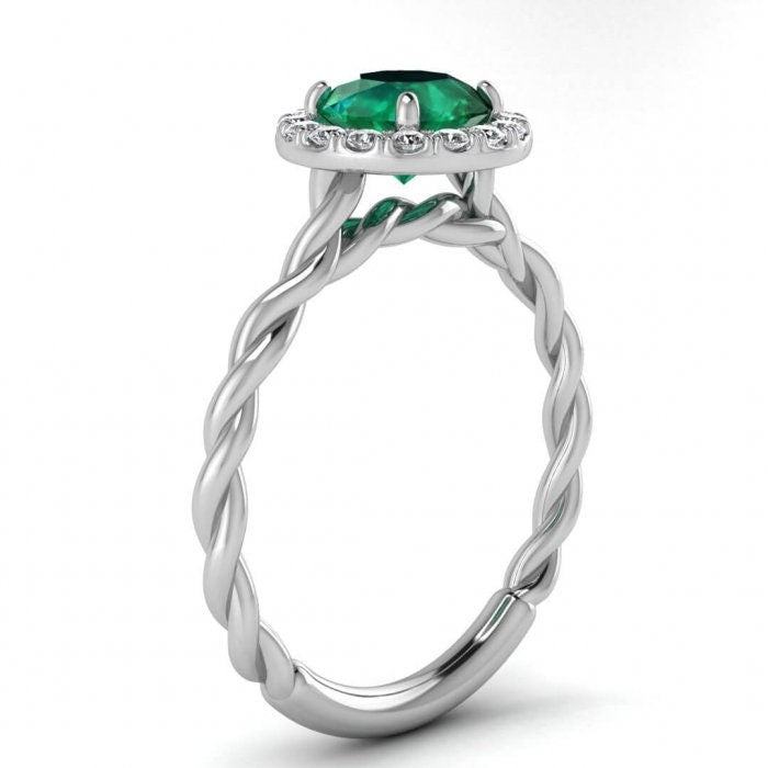 White Gold Delicate Band Emerald And Diamond Halo (1/5 Ct. Tw.) Braided Band Scalloped Pave Halo Bridged Gallery Honora