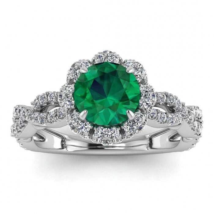 White Gold Halo Emerald And Diamond Ring (2/3 Ct. Tw.) Gemstone Gallery Scalloped Pave Infinity Shaped Band Tulip Gallery Iris