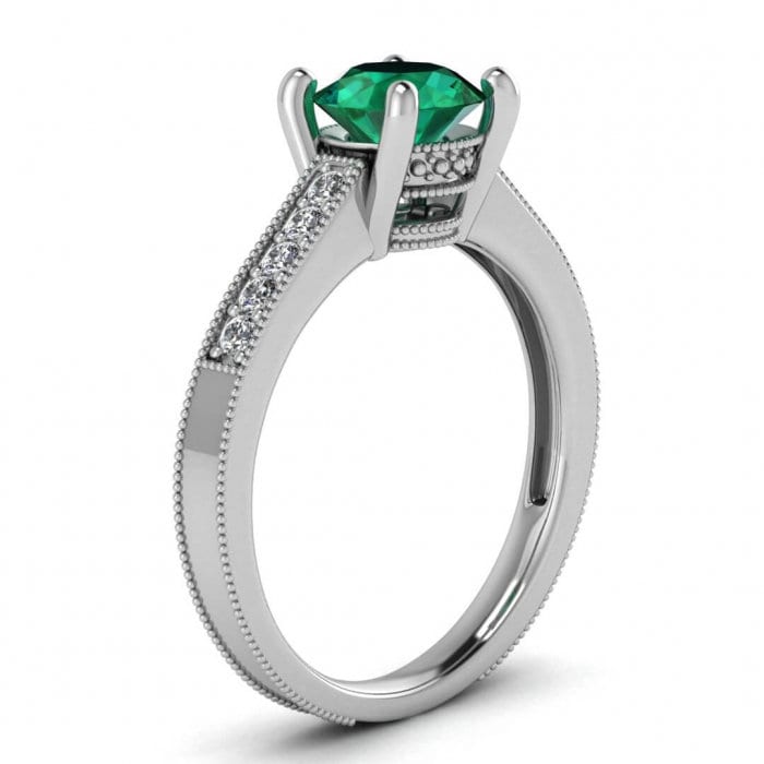 White Gold Shiny Milrgrain Emerald And Diamond Ring (1/8 Ct. Tw.) Milgrain Band Pave Gem Accents Unique Crown Gallery Prong Setting Isla