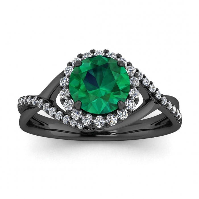 White Gold Twisted Halo Emerald And Diamond Engagement Ring (1/5 Ct. Tw.) Pave Set Accent Gemstone Halo Setting Entwined Open Gallery Joy