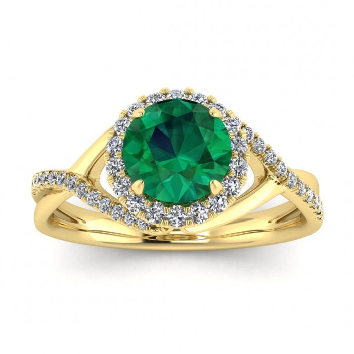 White Gold Twisted Halo Emerald And Diamond Engagement Ring (1/5 Ct. Tw.) Pave Set Accent Gemstone Halo Setting Entwined Open Gallery Joy