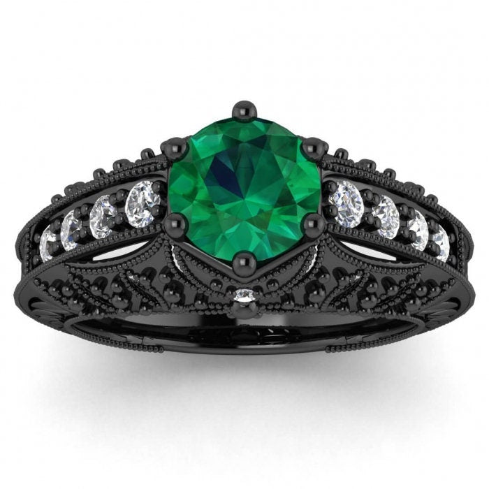 White Gold Art Deco Emerald And Diamond Ring (1/3 Ct. Tw.) Unique Art Deco Hand Engraved Band Filigree Gallery Milgrains Juliet