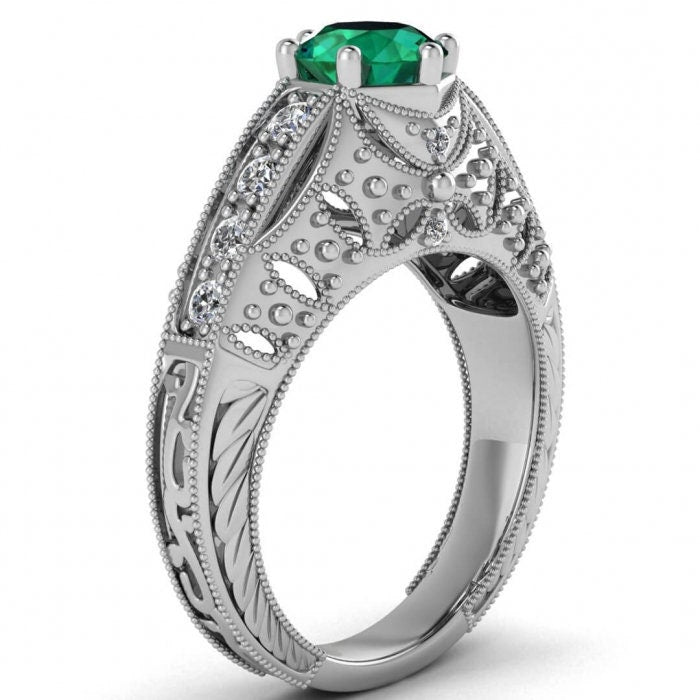 White Gold Art Deco Emerald And Diamond Ring (1/3 Ct. Tw.) Unique Art Deco Hand Engraved Band Filigree Gallery Milgrains Juliet