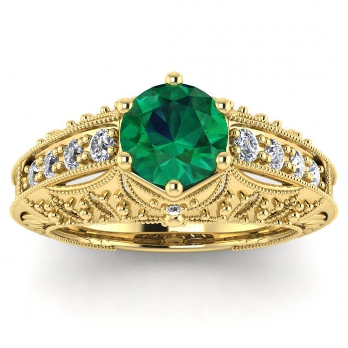 White Gold Art Deco Emerald And Diamond Ring (1/3 Ct. Tw.) Unique Art Deco Hand Engraved Band Filigree Gallery Milgrains Juliet