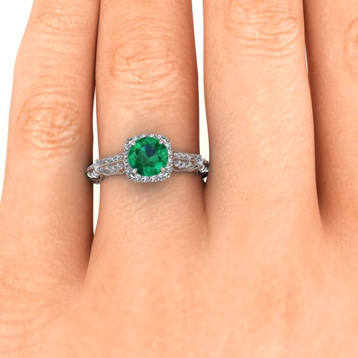 White Gold Edwardian Emerald And Diamond Ring (1/3 Ct. Tw.) Cushion Shaped Halo Gemstone Accented Band Floral Tulip Adorned Gallery Julius