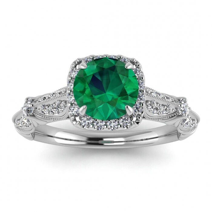 White Gold Edwardian Emerald And Diamond Ring (1/3 Ct. Tw.) Cushion Shaped Halo Gemstone Accented Band Floral Tulip Adorned Gallery Julius