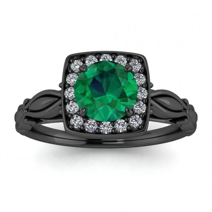 White Gold Square Halo Emerald And Diamond Ring (1/9 Ct. Tw.) Hidden Heart Under The Gallery Filigree Shank Squared Halo Khloe