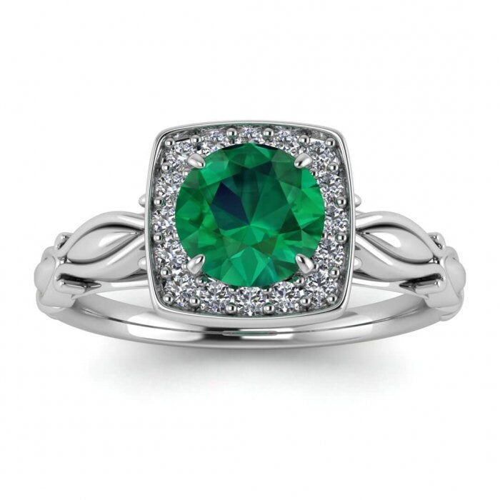 White Gold Square Halo Emerald And Diamond Ring (1/9 Ct. Tw.) Hidden Heart Under The Gallery Filigree Shank Squared Halo Khloe