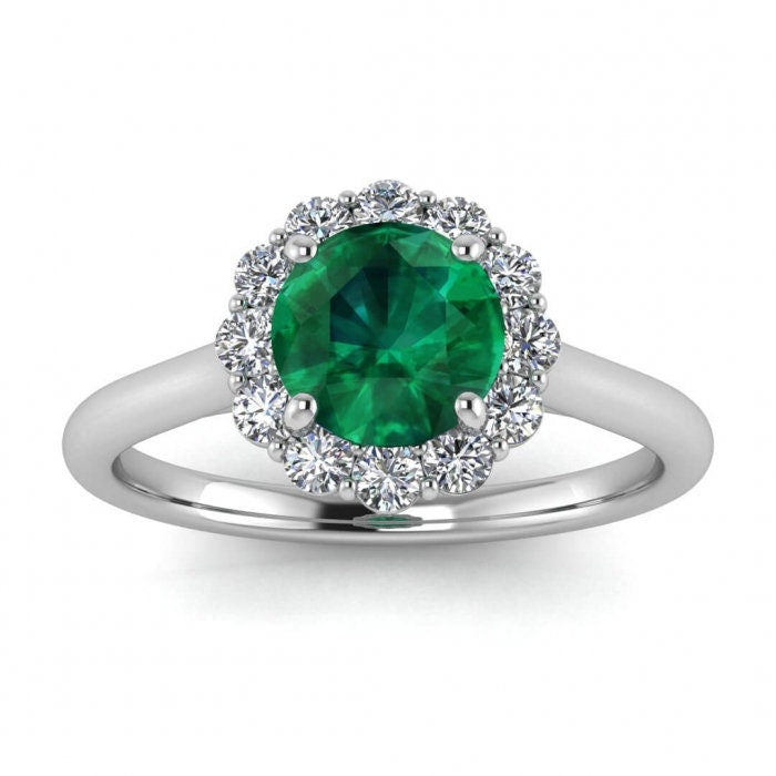 White Gold Open Halo Emerald And Diamond Ring (1/3 Ct. Tw.) Open Halo Bezel Halo Cathedral Setting Kiera