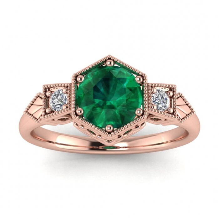 White Gold Hexagon Emerald And Diamond Ring (1/9 Ct. Tw.) Vintage Style Milgrain Hexagon Setting Love Chain Gallery Pave Accents Kyla