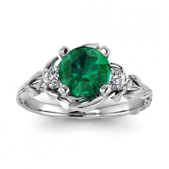 White Gold Floral Emerald And Diamond Ring (1/5 Ct. Tw.) Engagement Ring Vintage Floral Leaf Ring Floral Ring Lily