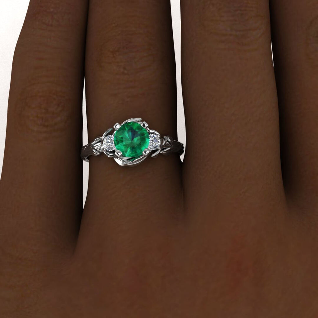 White Gold Floral Emerald And Diamond Ring (1/5 Ct. Tw.) Engagement Ring Vintage Floral Leaf Ring Floral Ring Lily