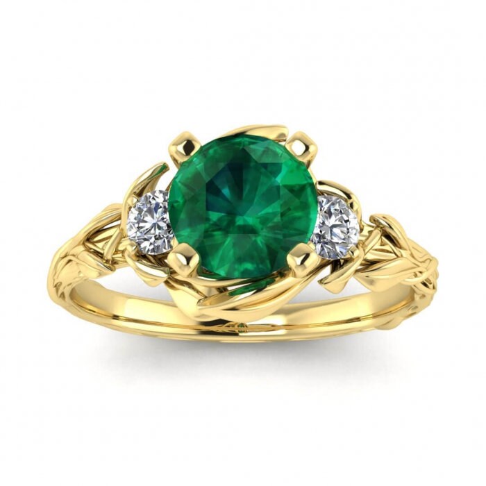 White Gold Floral Emerald And Diamond Ring (1/5 Ct. Tw.) Engagement Ring Vintage Floral Leaf Ring Floral Ring Lily