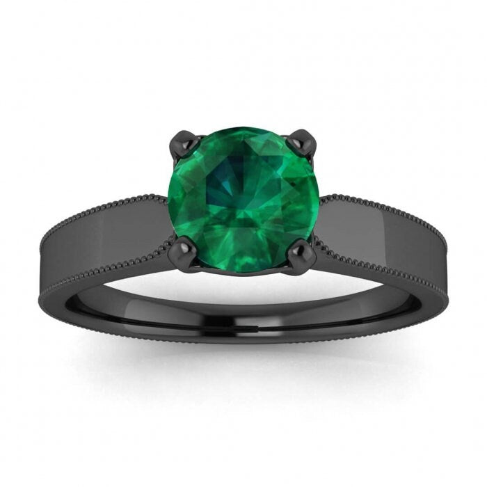 White Gold Tapered Emerald Solitaire Ring Tapered Band Milgrain Unique High Profile Gallery Maribel