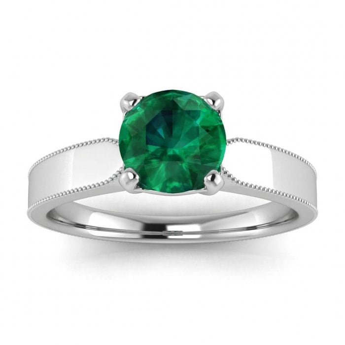 White Gold Tapered Emerald Solitaire Ring Tapered Band Milgrain Unique High Profile Gallery Maribel