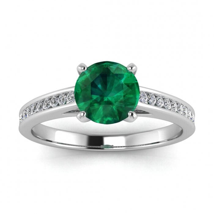 White Gold Channel Set Emerald And Diamond Engagement Ring (1/7 Ct. Tw.) Channel Setting Accents Prongs Center Gemstone Bridged Band Mei