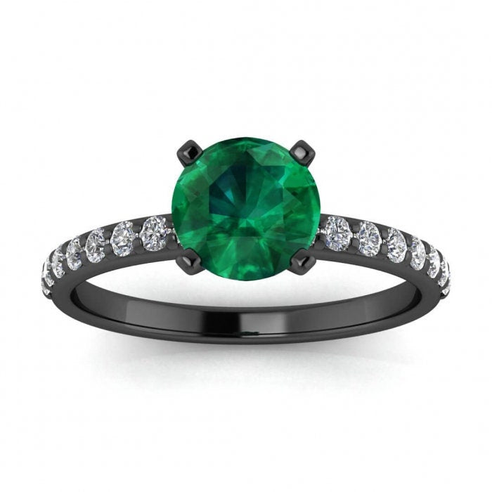 White Gold Scalloped Pave Emerald And Diamond Ring (1/7 Ct. Tw.) Shared Prongs Pave Delicate Band Prongs Settings Nola