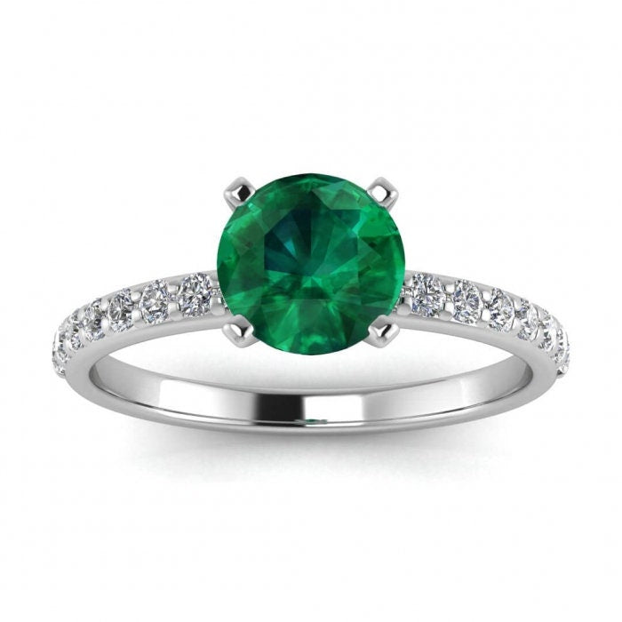 White Gold Scalloped Pave Emerald And Diamond Ring (1/7 Ct. Tw.) Shared Prongs Pave Delicate Band Prongs Settings Nola