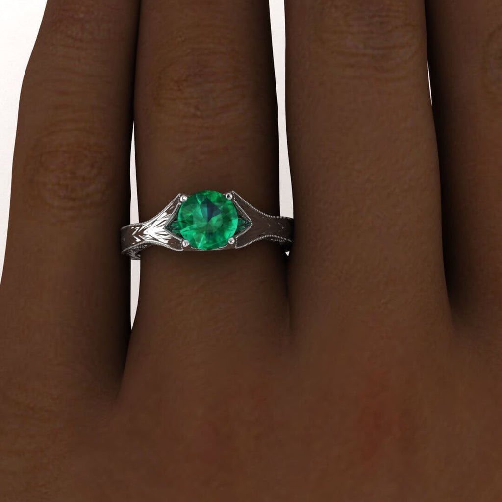 White Gold Emerald Vintage Ring Vintage Hand Engraved Ring Milgrain Filigree Nova