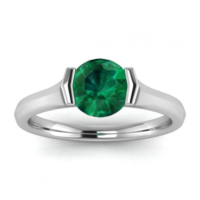 White Gold Knife Edged Emerald Solitaire Ring Knife Edged Tension Setting Rin