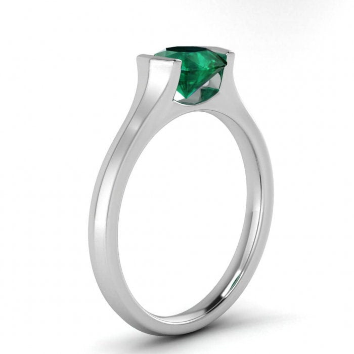 White Gold Knife Edged Emerald Solitaire Ring Knife Edged Tension Setting Rin