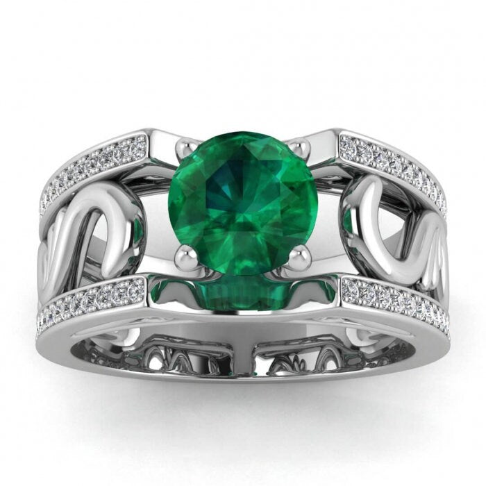 White Gold Vintage Styled Wide Band Emerald And Diamond Ring (1/3 Ct. Tw.) Paved Edges Antique Filigree Wide Band Riva