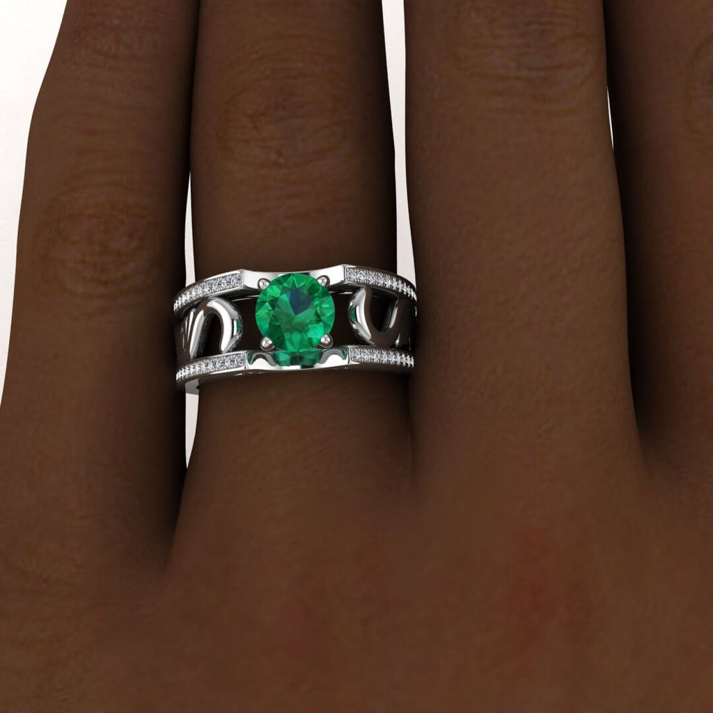 White Gold Vintage Styled Wide Band Emerald And Diamond Ring (1/3 Ct. Tw.) Paved Edges Antique Filigree Wide Band Riva