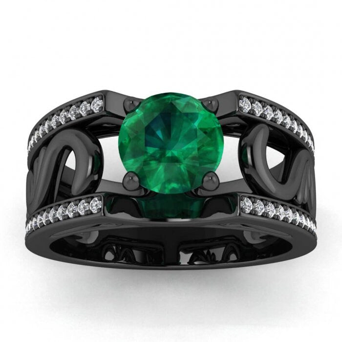 White Gold Vintage Styled Wide Band Emerald And Diamond Ring (1/3 Ct. Tw.) Paved Edges Antique Filigree Wide Band Riva