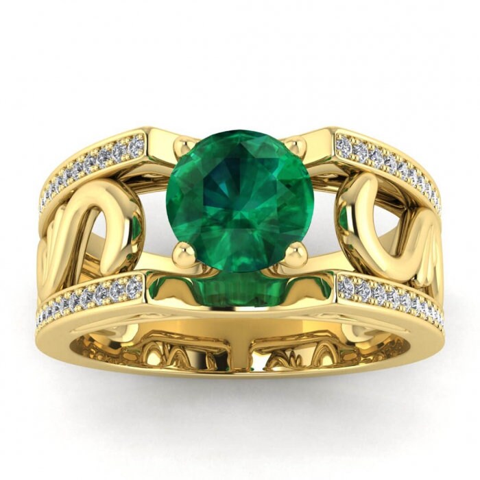 White Gold Vintage Styled Wide Band Emerald And Diamond Ring (1/3 Ct. Tw.) Paved Edges Antique Filigree Wide Band Riva