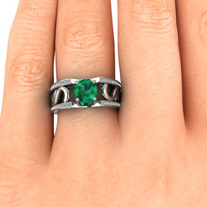 White Gold Vintage Styled Wide Band Emerald And Diamond Ring (1/3 Ct. Tw.) Paved Edges Antique Filigree Wide Band Riva