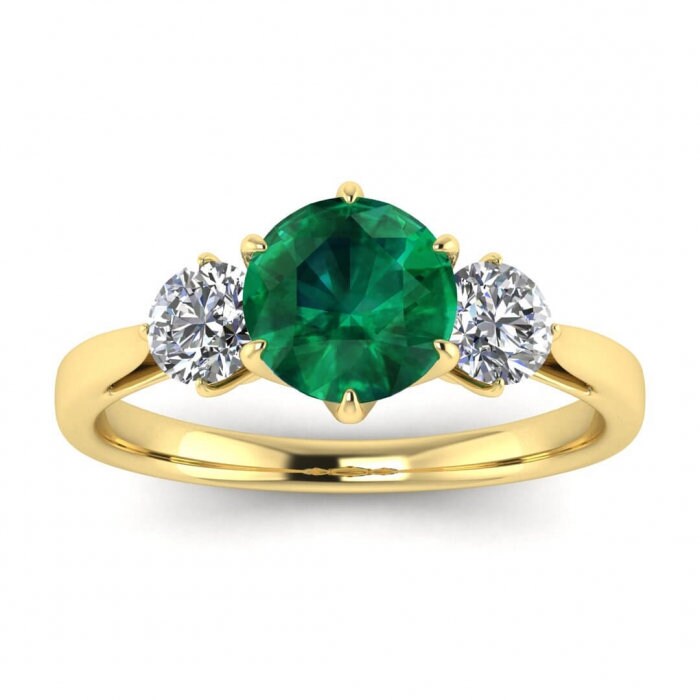 White Gold Three Stone Emerald And Diamond Engagement Ring (4/9 Ct. Tw.) Tapered Band Open Gallery Claw Prongs Setting 3 Stone Ring Suri