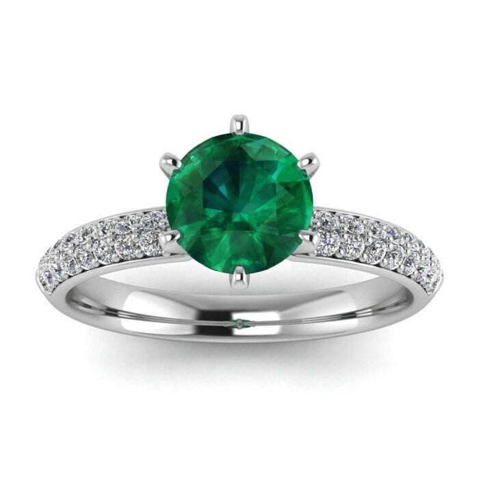 White Gold Micro Pave Emerald And Diamond Engagement Ring (1/4 Ct. Tw.) Double Pave Micro Pave Rounded Band Tia