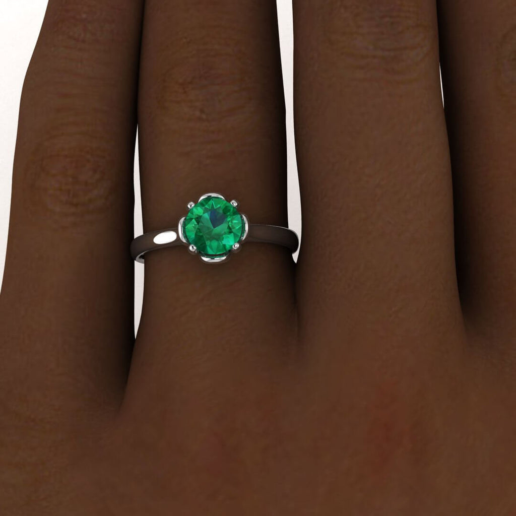 White Gold Emerald Engagement Ring Tulip Floral Vintage Solitaire Ring Tulip