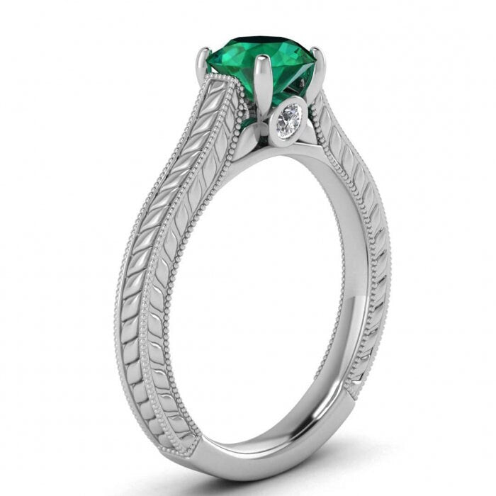 White Gold Emerald And Diamond Milgrain Ring (1/9 Ct. Tw.) Hand Engraved Hidden Gemstone Milgrained 4 Prongs Zoey