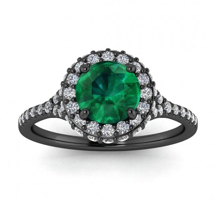 Platinum Paved Split Shank Emerald And Diamond Halo Ring (2/5 Ct. Tw.) Split Shank Paved Band Paved Setting Halo Mya