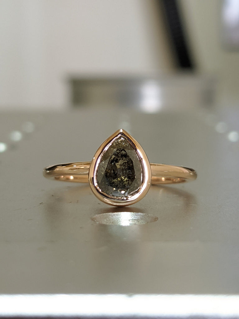 Raw Salt and Pepper Diamond, Rose Cut Pear Diamond Ring, Unique Engagement, Black, Gray Pear, 14k Yellow, Rose, or White Gold Rose Cut Ring