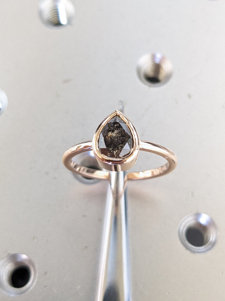 Raw Salt and Pepper Diamond, Rose Cut Pear Diamond Ring, Unique Engagement, Black, Gray Pear, 14k Yellow, Rose, or White Gold Rose Cut Ring