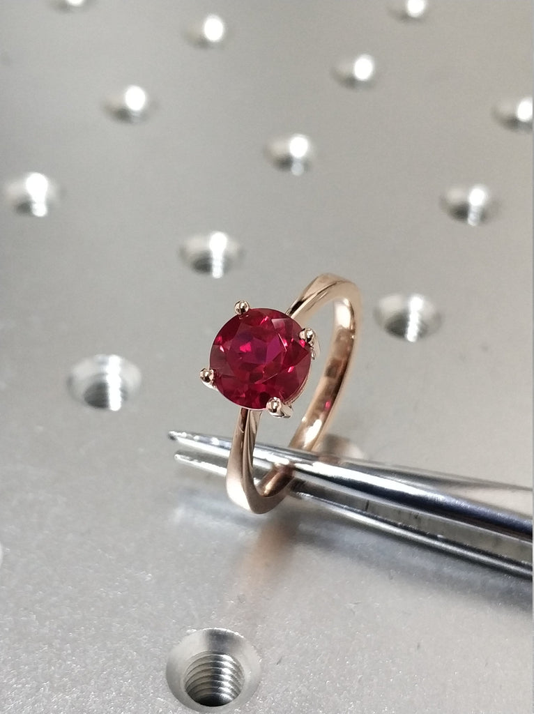 14k rose gold Beryl tapered ruby solitaire ring, tapered band, squared band, basket setting