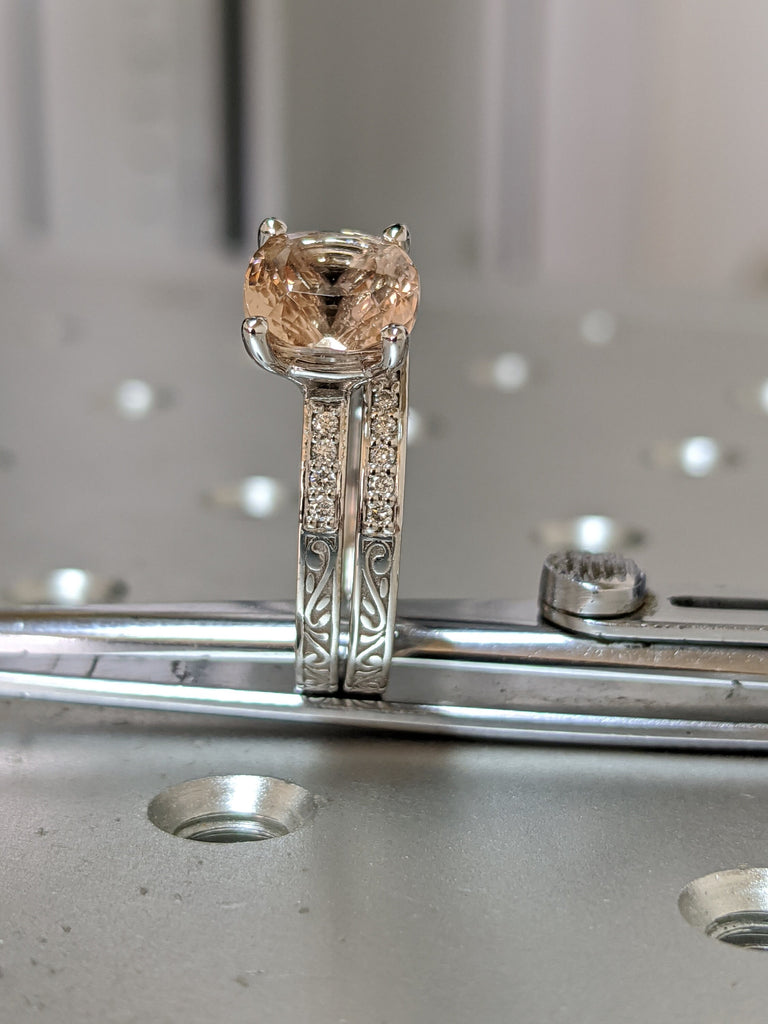 14k Rose Gold Vintage Diamond Morganite Engagement Ring & Filigree Band White Gold Vintage Band Band Art Deco Set