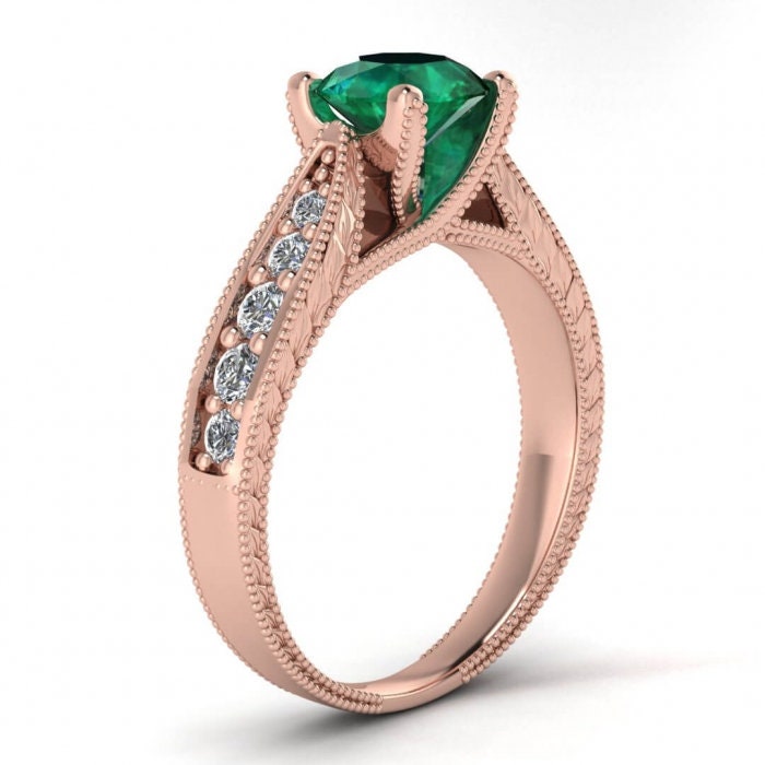 Rose Gold Vintage Floral Engraving Emerald And Diamond Ring (1/3 Ct. Tw.) Channel Pave Accent Leaves Engraving intertwined Prongs Elke