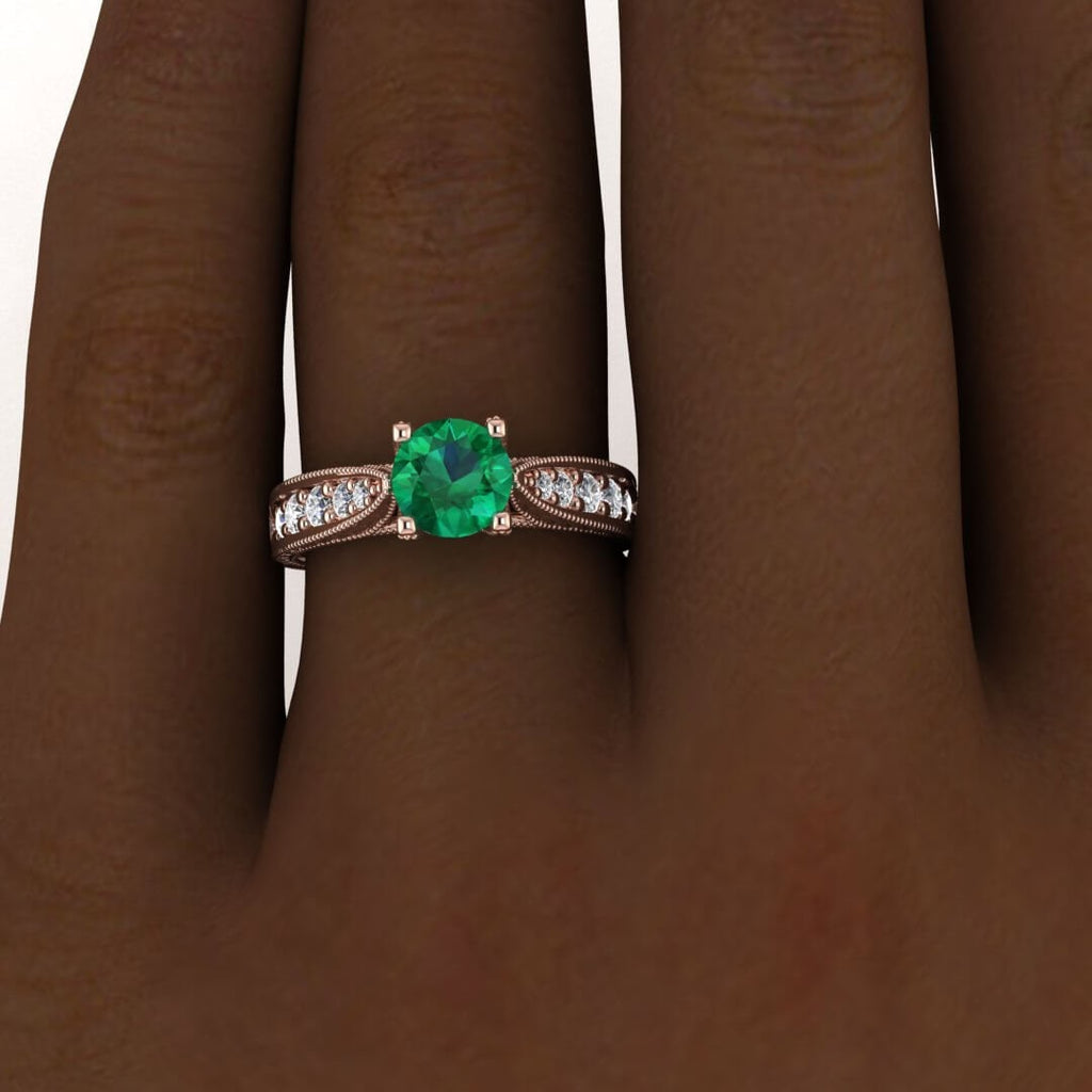 Rose Gold Vintage Floral Engraving Emerald And Diamond Ring (1/3 Ct. Tw.) Channel Pave Accent Leaves Engraving intertwined Prongs Elke