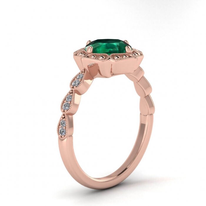 Rose Gold Vintage Inspired Cushion Cut Emerald And Diamond Engagement Ring Vintage Inspired Setting Beaded Milgrain Pave Accents Sanne