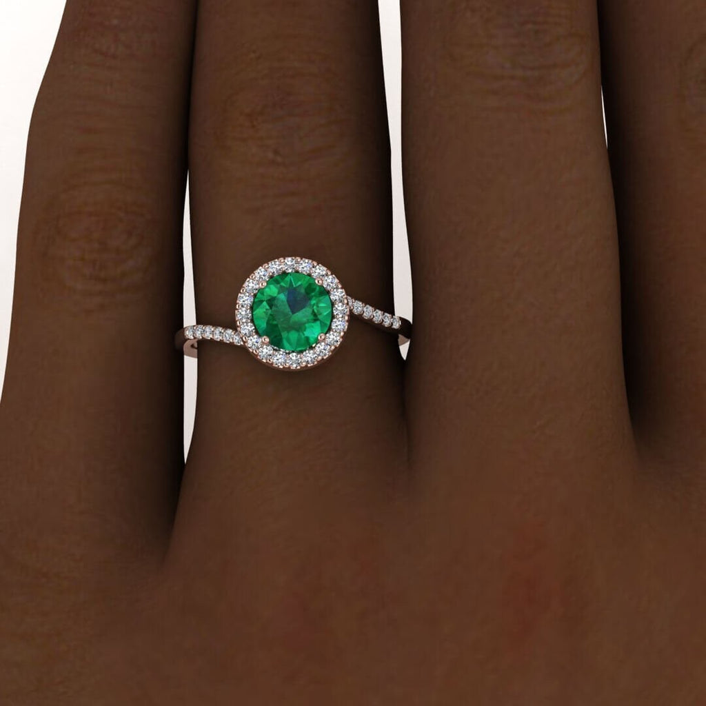 Rose Gold Petite Halo Emerald And Diamond Ring (1/7 Ct. Tw.) Shared Prong Pave Unique Halo Petite Band Delicate Band Paved Band Swirl